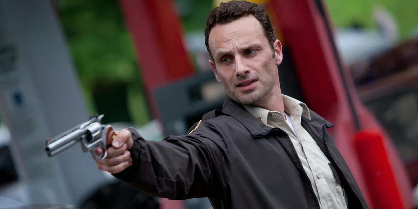 Andrew Lincoln as Rick Grimes pointing a gun in The Walking Dead, Days Gone Bye