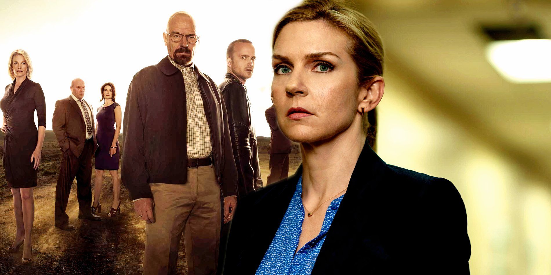 Rhea Seehorn as Kim Wexler and the Breaking Bad characters posing such as Skylar, Walter, and Jesse