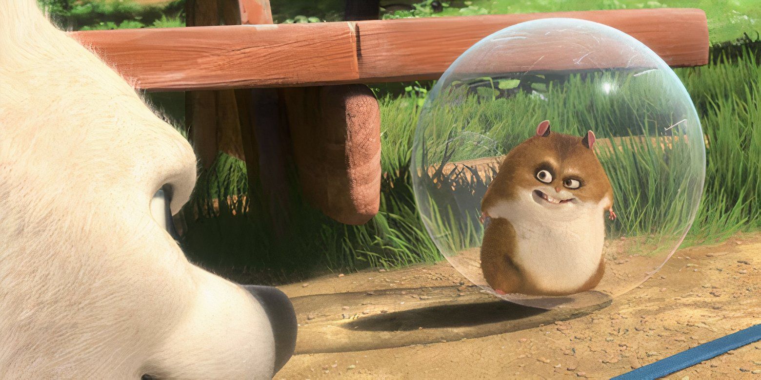 Rhino the hamster in a hamster ball talking to Bolt in the Disney movie Bolt