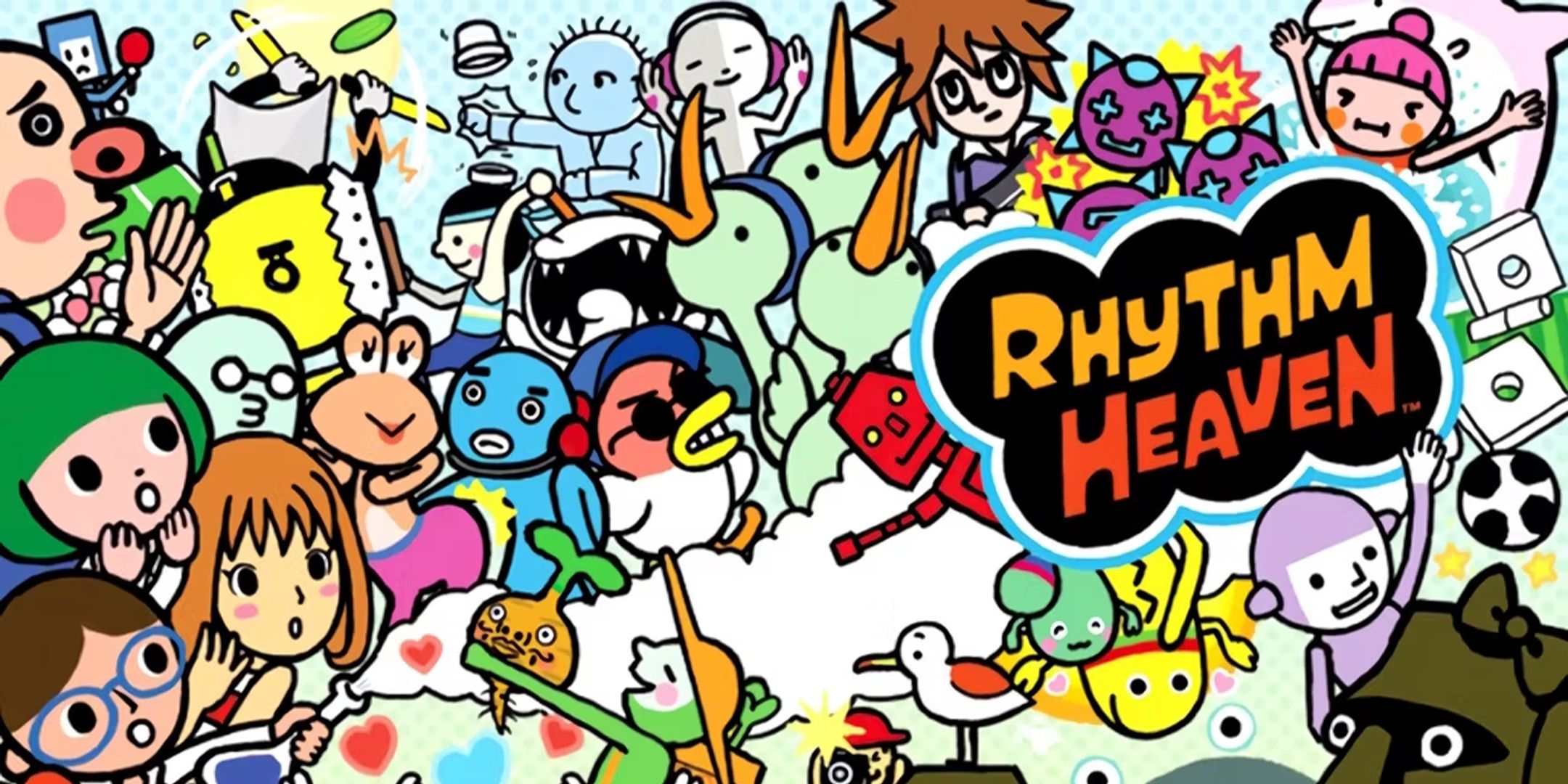 Arte mostrando uma mistura de personagens de desenho animado do jogo Rhythm Heaven para DS.