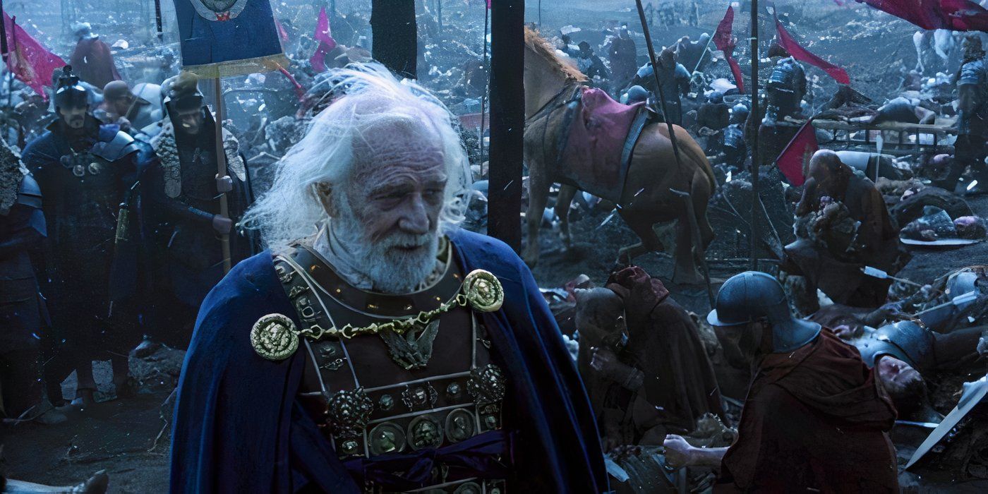 Richard Harris as Marcus Aurelius on the battlefield in Gladiator