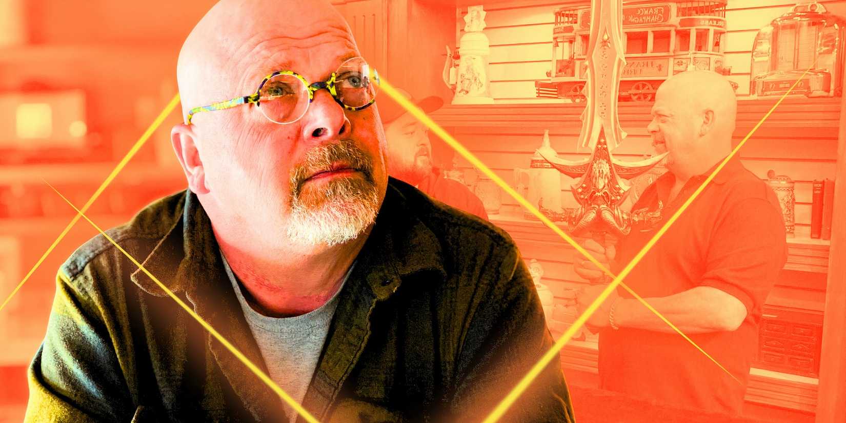 rick harrison pawn stars looking up in glasses with orange background