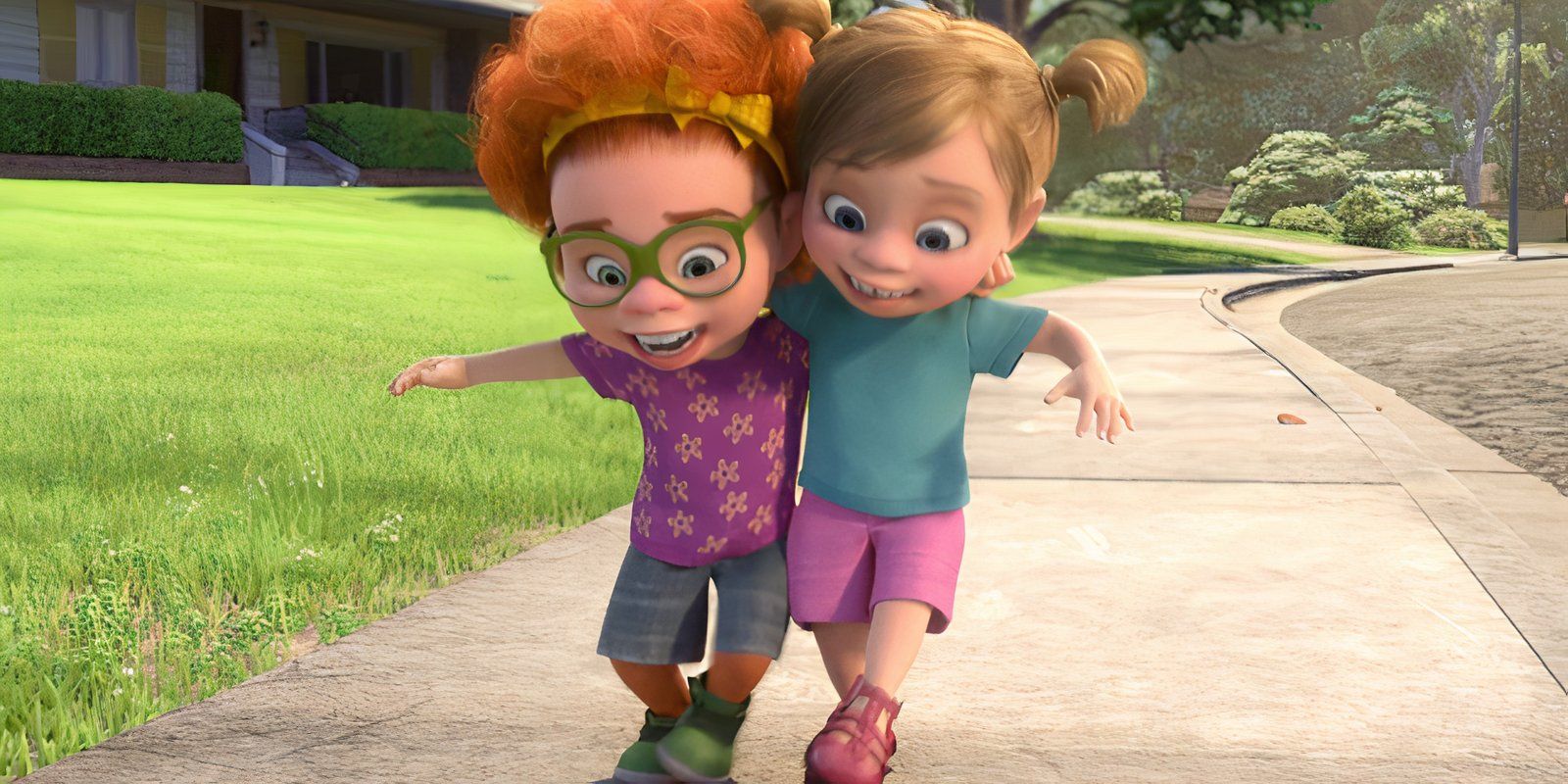 Riley and her friend walk on the sidewalk in Inside Out
