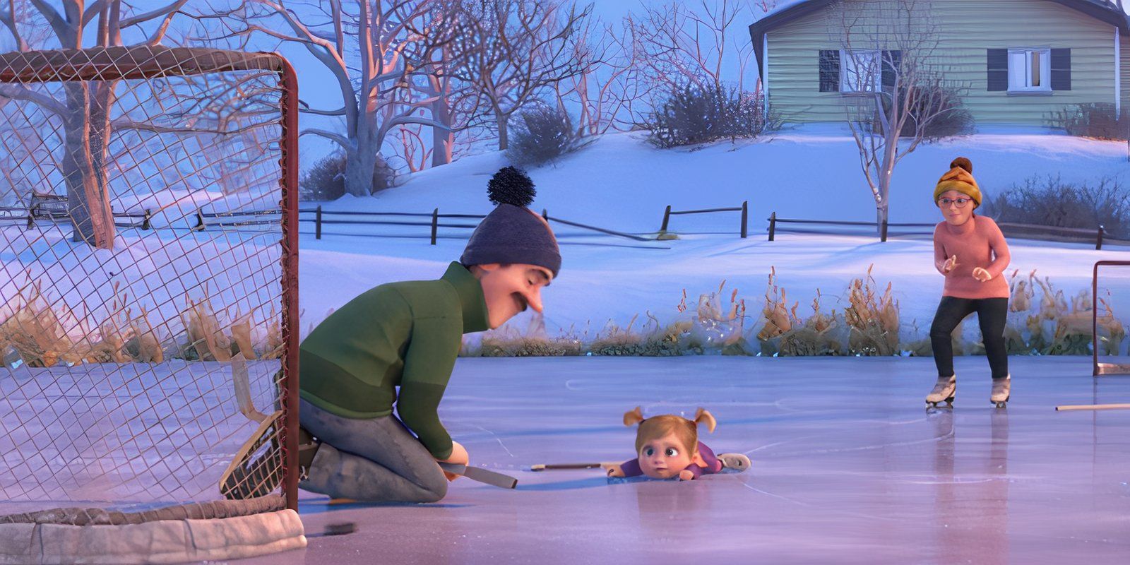 Riley lays on the ice by her parents after falling in Inside Out