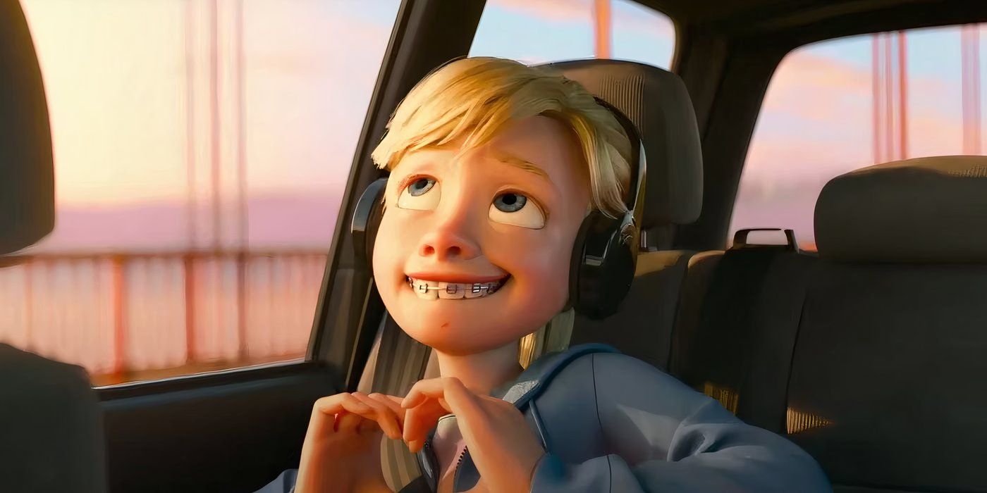 Riley listening to music in the car in Inside Out 2