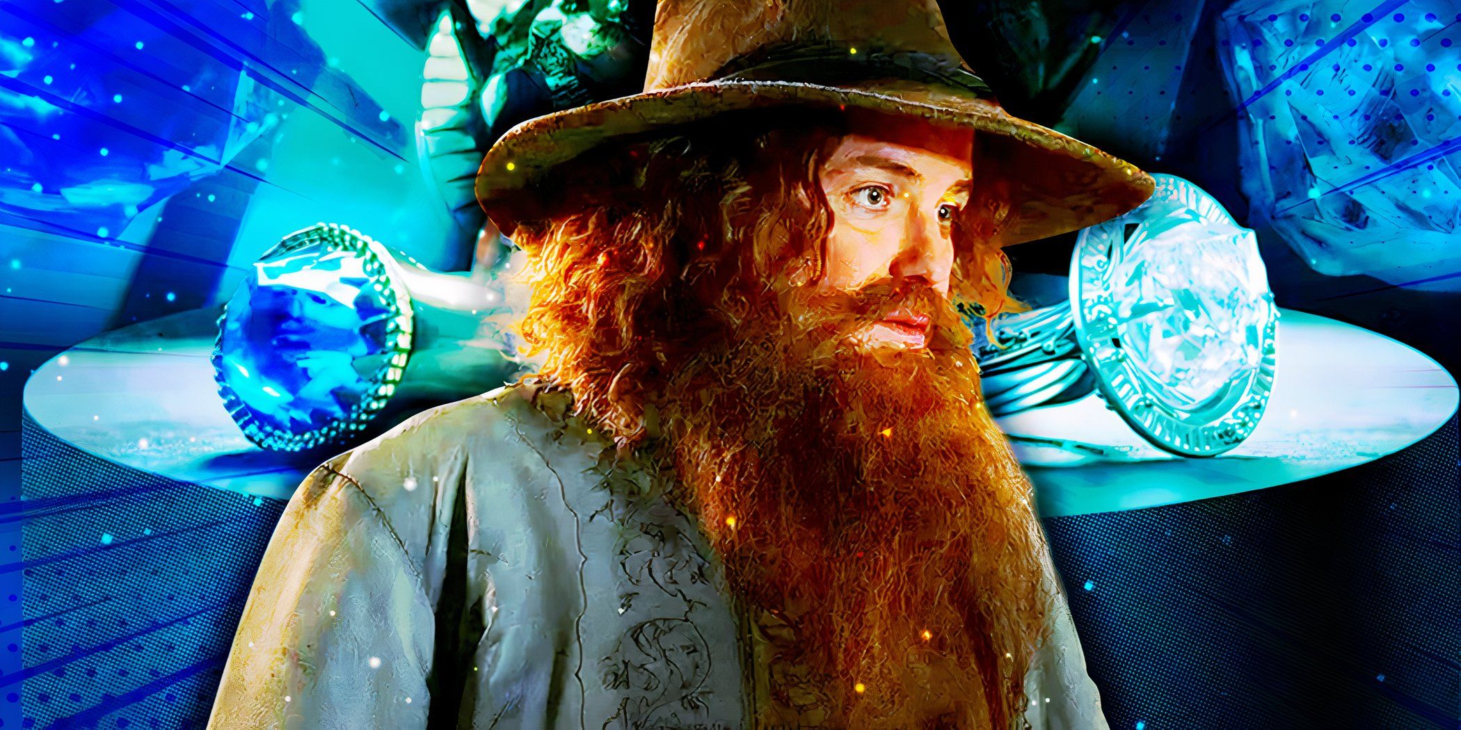 Rory Kinnear as Tom Bombadil in The Lord of the Rings: The Rings of Power season 2 with a background of Rings of Power.