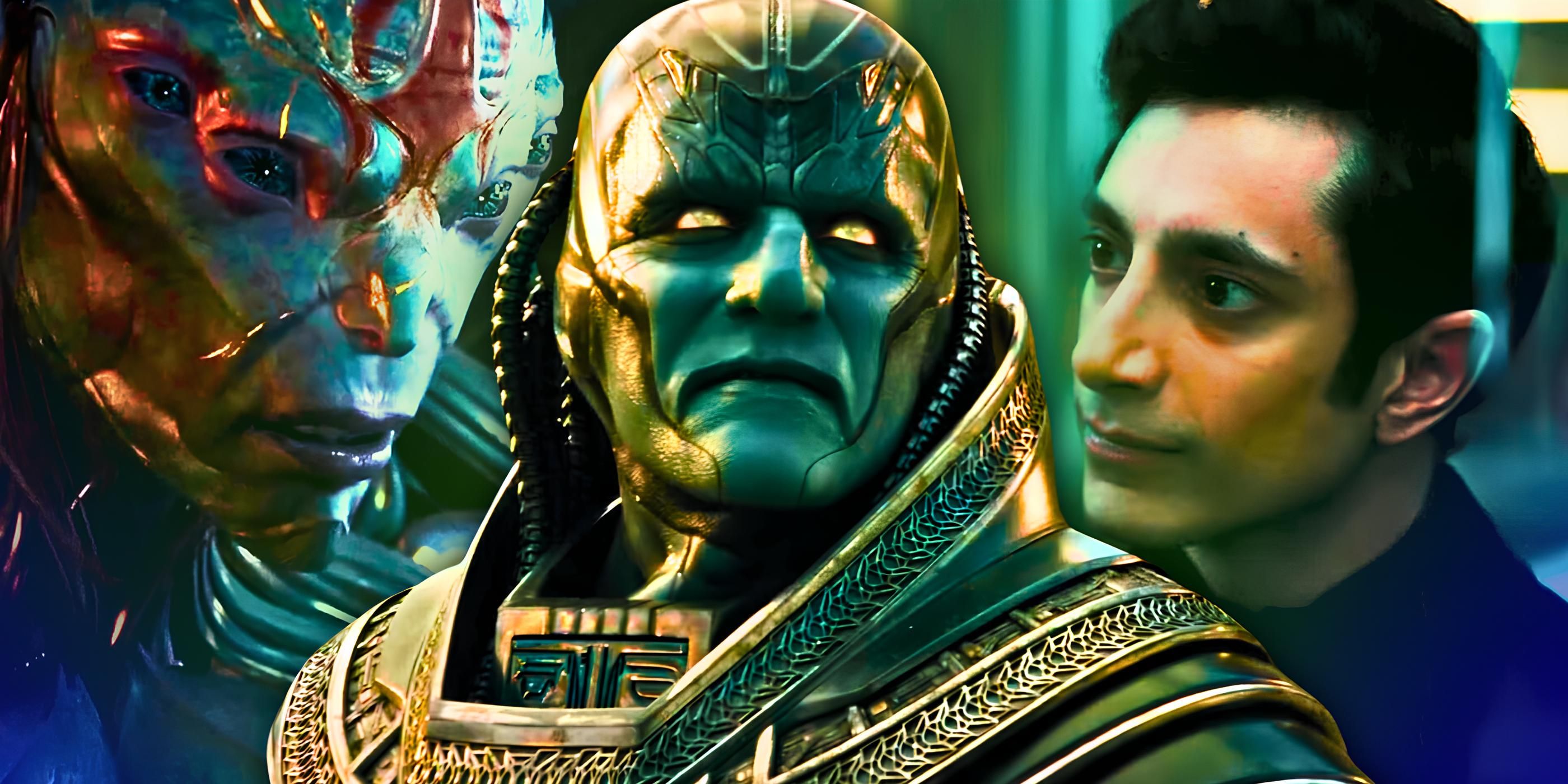 Split image of Riz Ahmed in Venom, Bill Skarsgard in Eternals and Oscar Isaac in X-Men Apocalypse