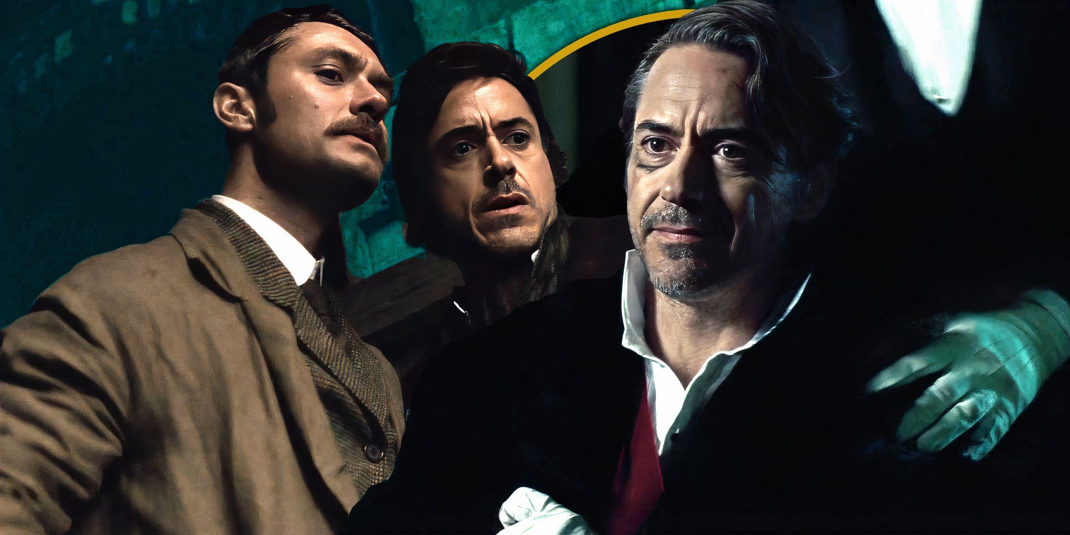 Robert Downey Jr. as Sherlock smiling at himself and Jude Law's Watson in Sherlock Holmes Exclusive header