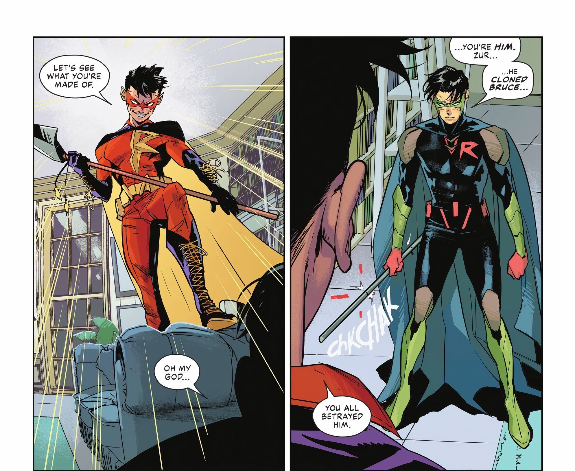Robin com novo traje lutando contra Zur-En-Arrh Robin DC