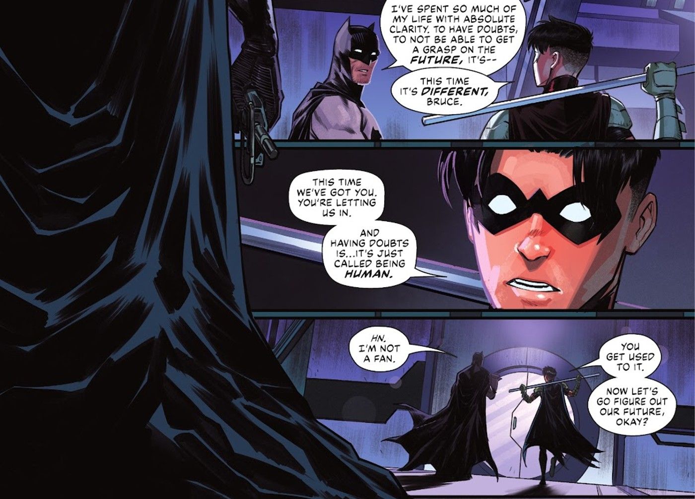 Panel buku komik: Robin Tim Drake berbicara dengan Batman tentang menjadi manusia.