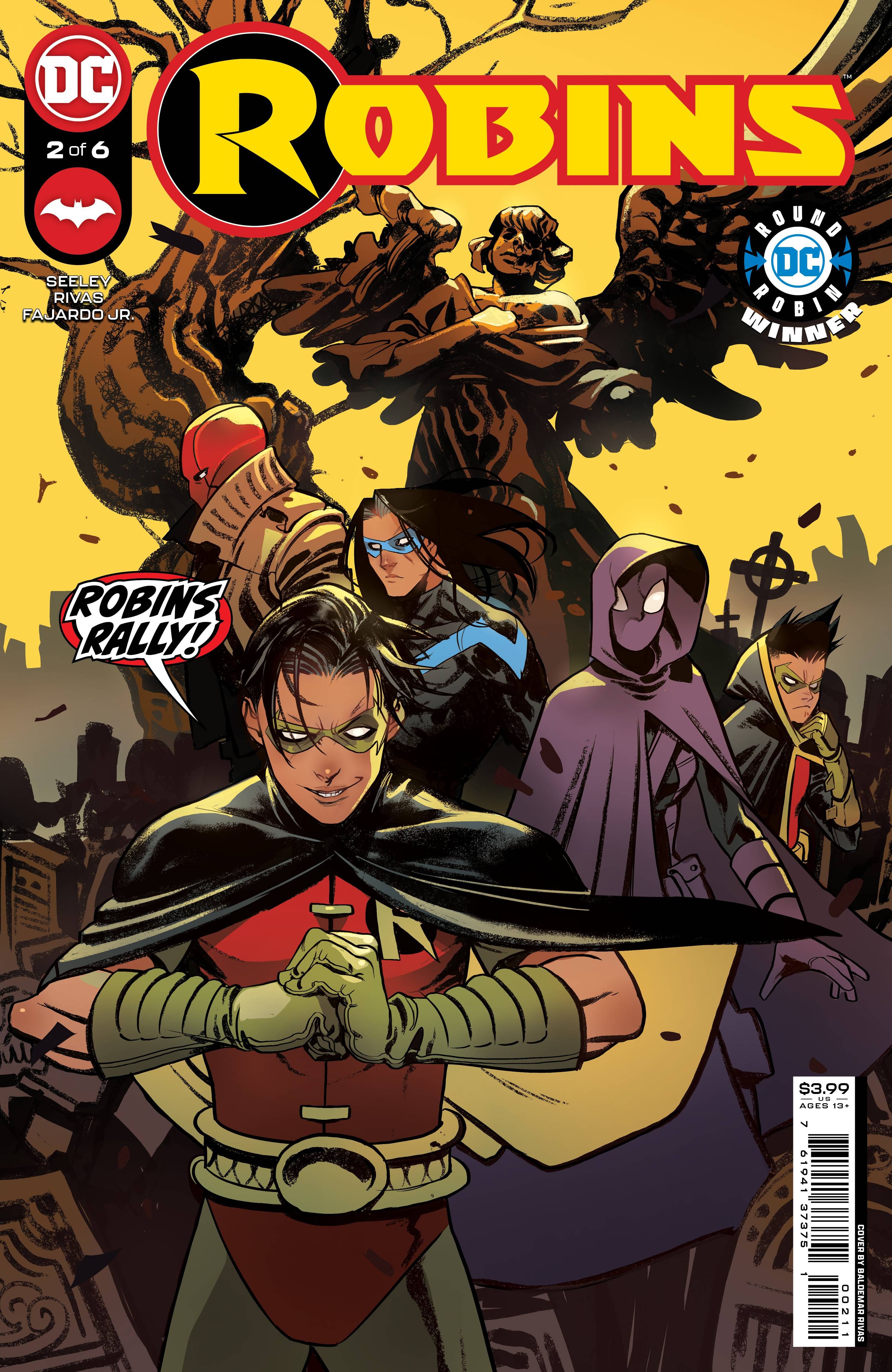 Robins 2 Main Cover: Robin Tim Drake, Spoiler Stephanie Brown, Nightwing Dick Grayson, Red Hood Jason Todd, and Robin Damian Wayne pose together in a cemetery.