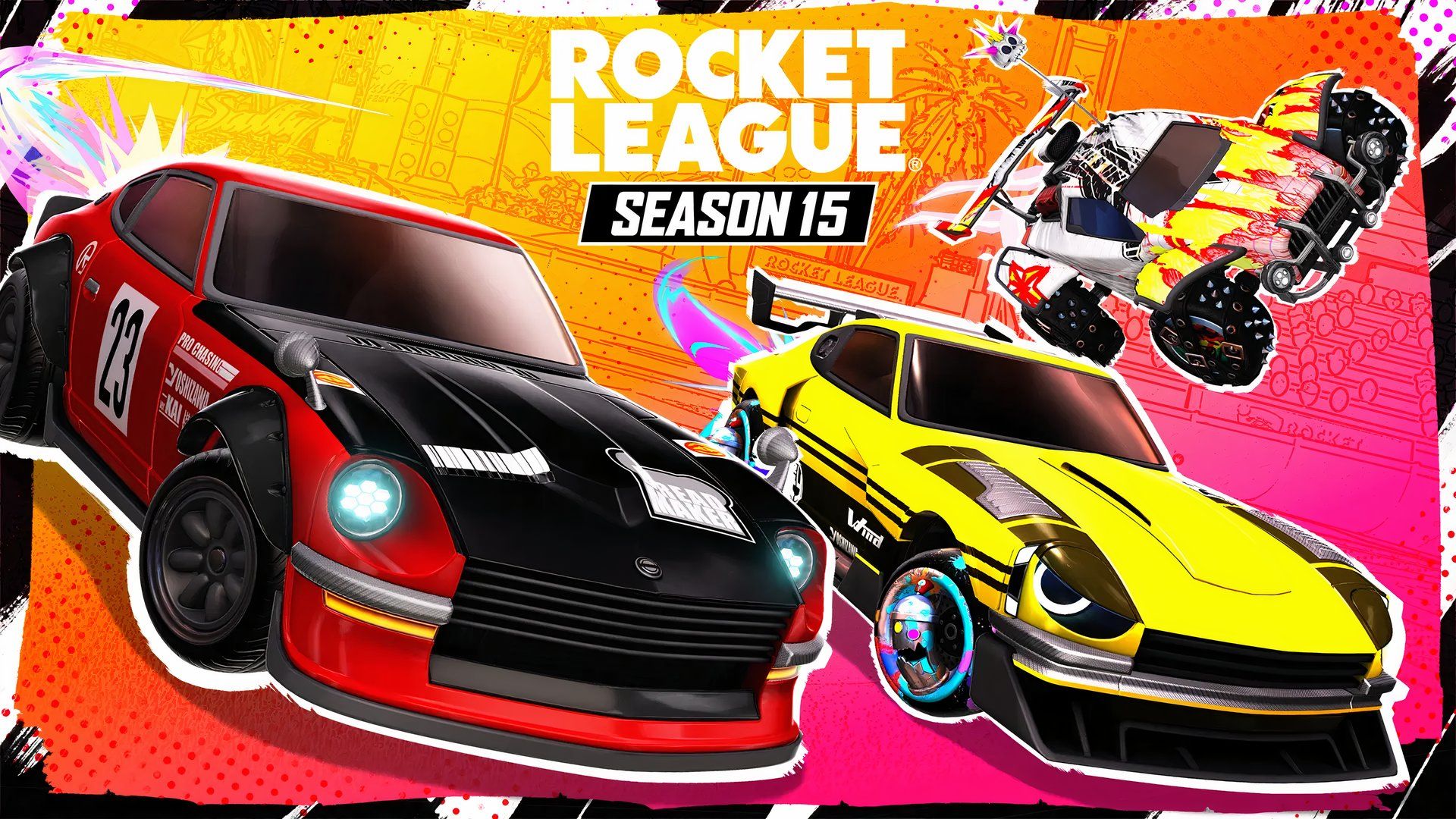 Arte oficial da 15ª temporada da Rocket League apresentando carros esportivos vermelhos, pretos e amarelos com trilhas rosa neon em primeiro plano