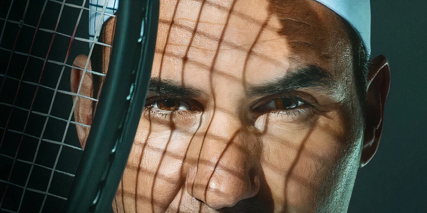 Roger Federer with a tennis racket shadow