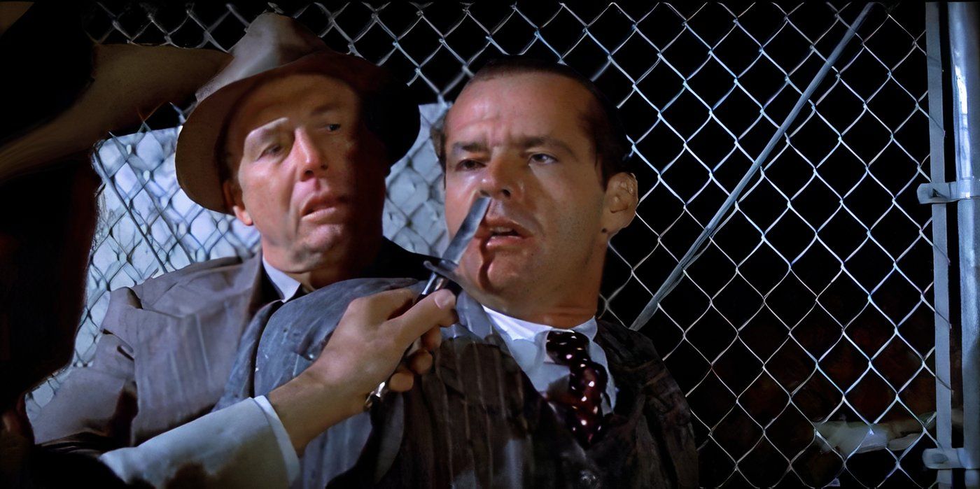 Roman Polanski cuts Jack Nicholson as Jake Gittes nose in Chinatown (1974)