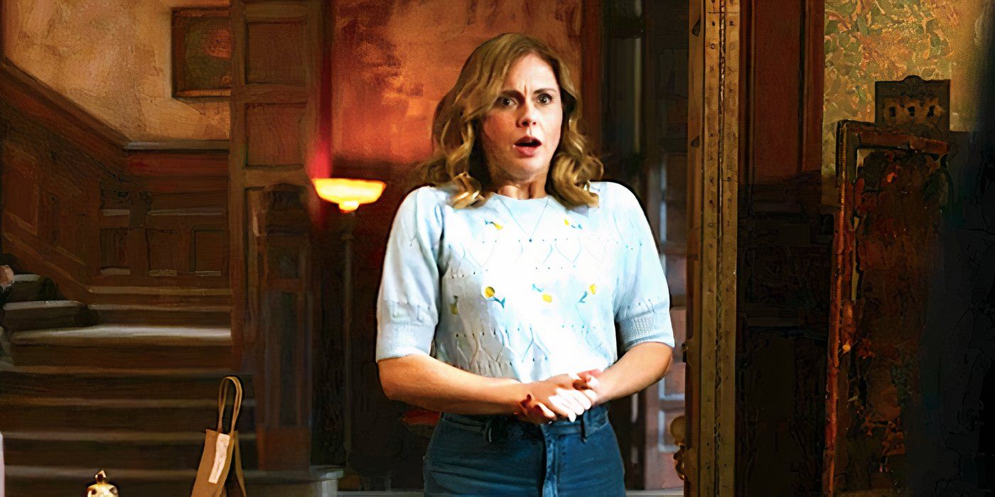 Rose McIver's Sam entering a room and looking shocked in CBS Ghosts
