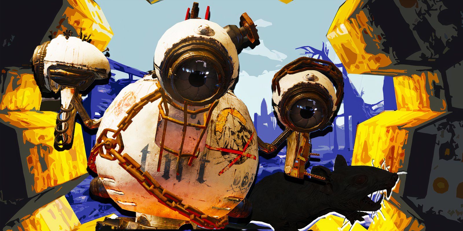 Rose the robot from Fallout 76 with a rat in silhouette.