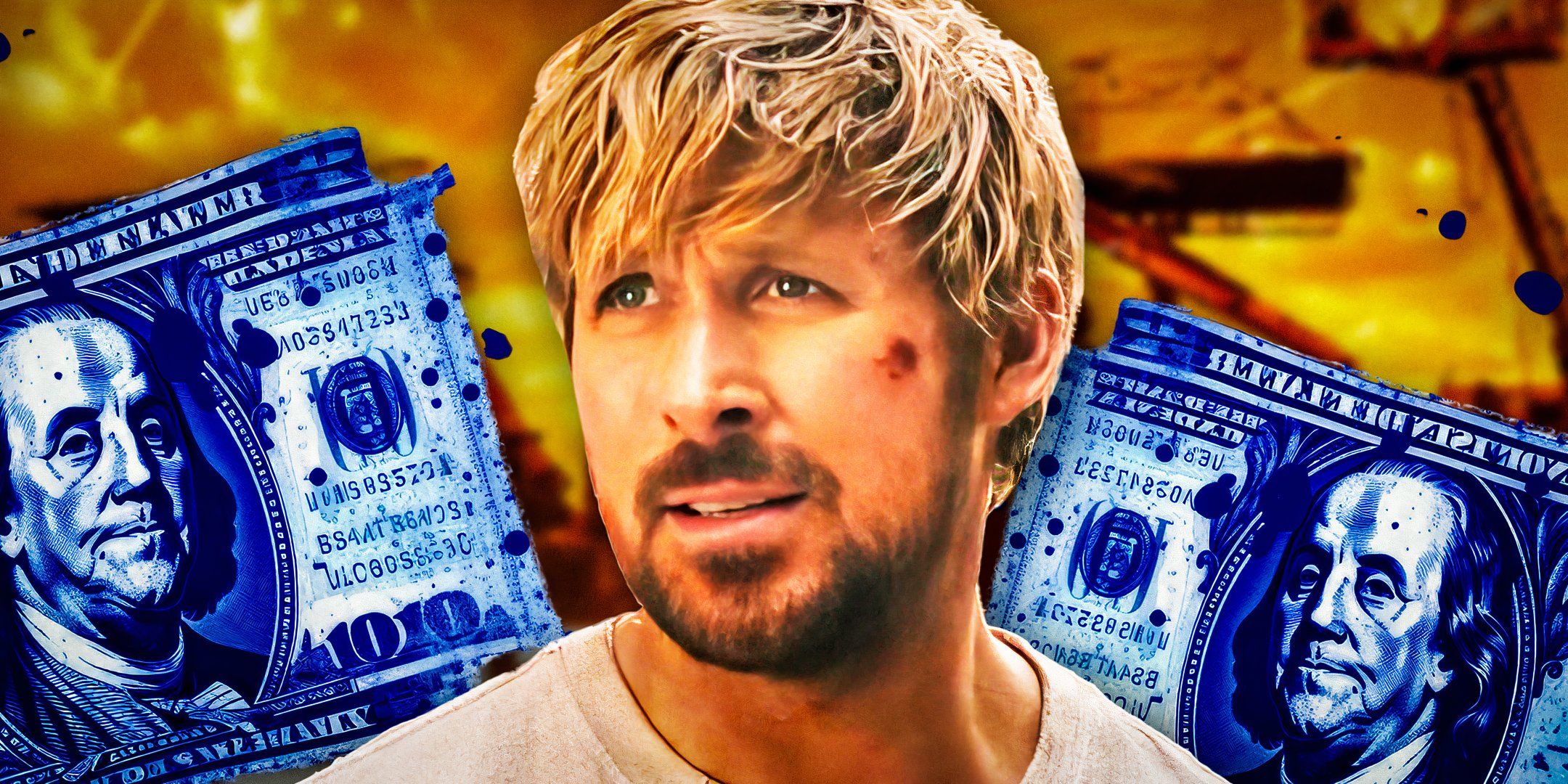 Ryan Gosling as Colt Seavers in The Fall Guy with money flying behind him