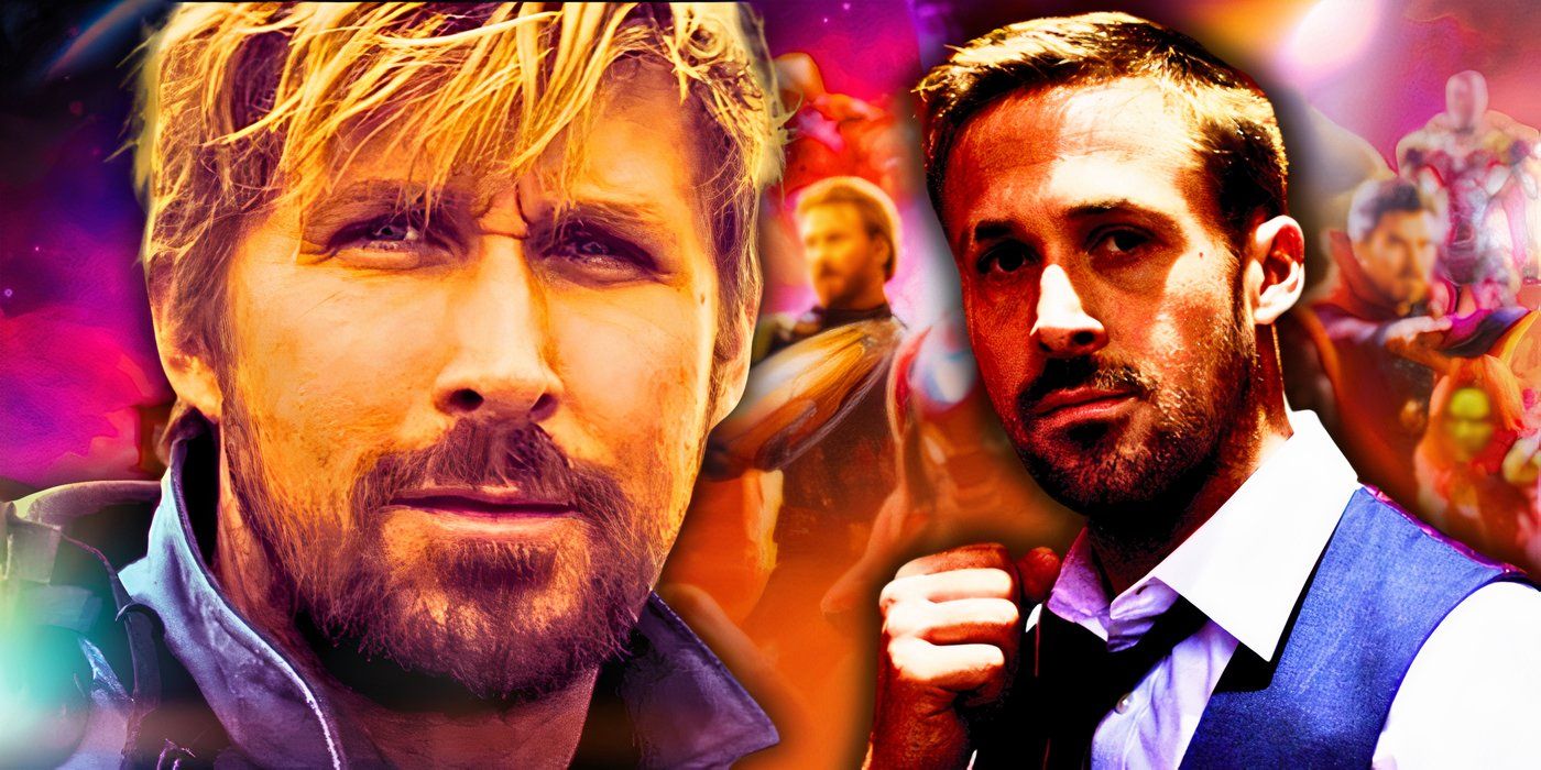 Custom image of Ryan Gosling in various movie roles with MCU characters in the background