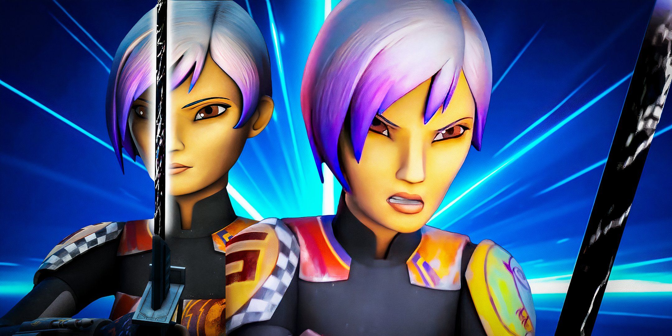 Sabine Wren as depicted in Star Wars Rebels wielding the Darksaber over a blue edited background