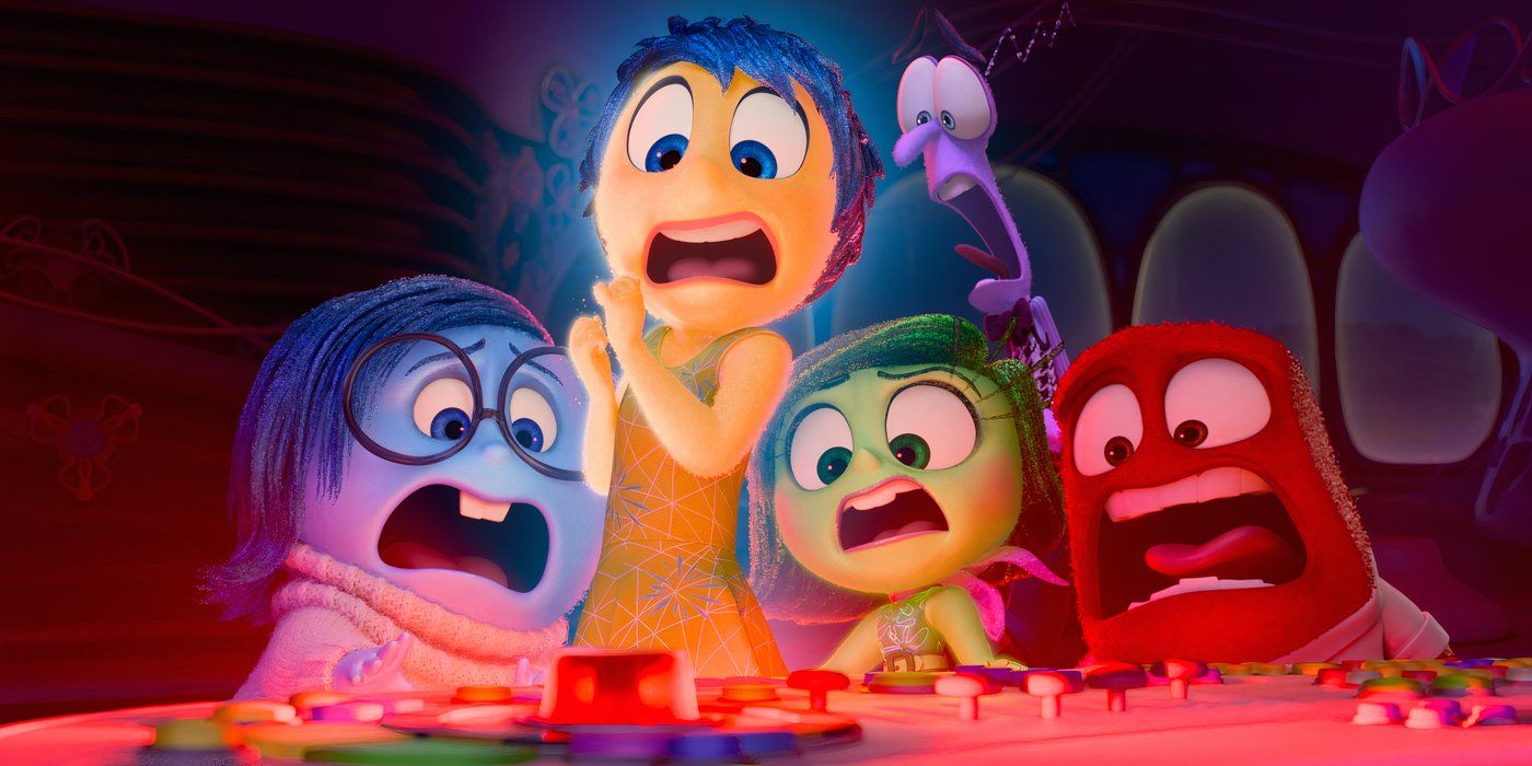 Sadness, Joy, Disgust, Fear and Anger stare at an alarm on the dashboard in Inside Out 2