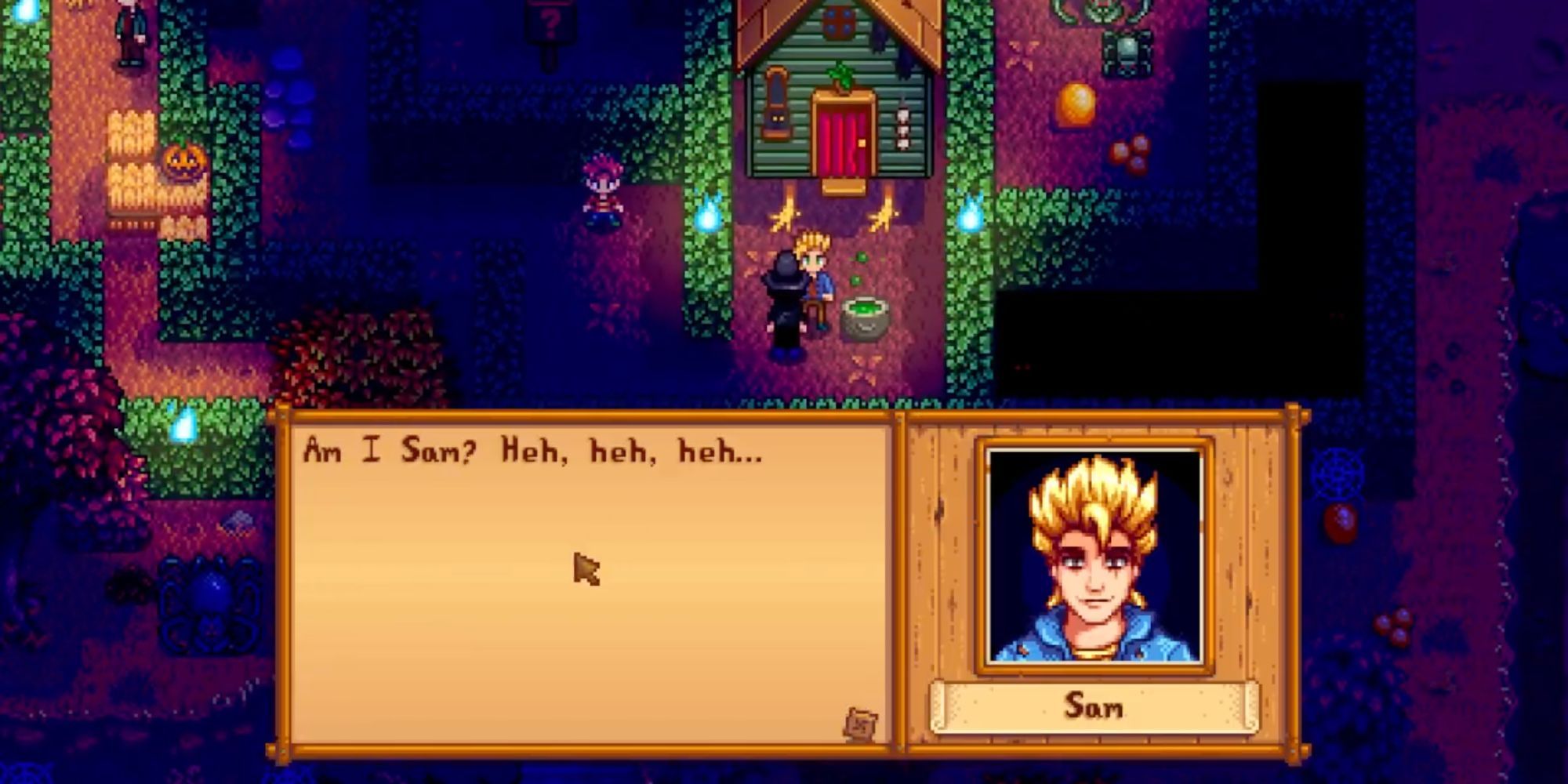 Leitura de diálogo de Sam "Eu sou Sam? Heh, heh, heh..." no festival Spirit's Eve no Ano 2 de Stardew Valley