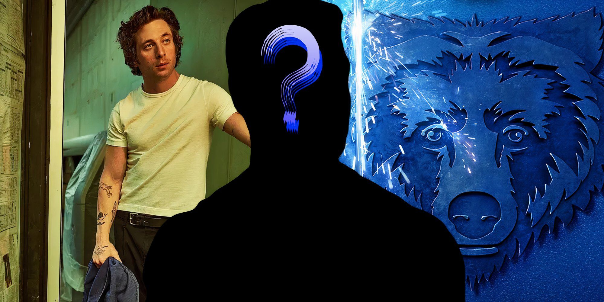A blacked-out image of John Cena as Sammy Fak in The Bear season 3 next to Jeremy Allen White as Carmy and the poster for the show
