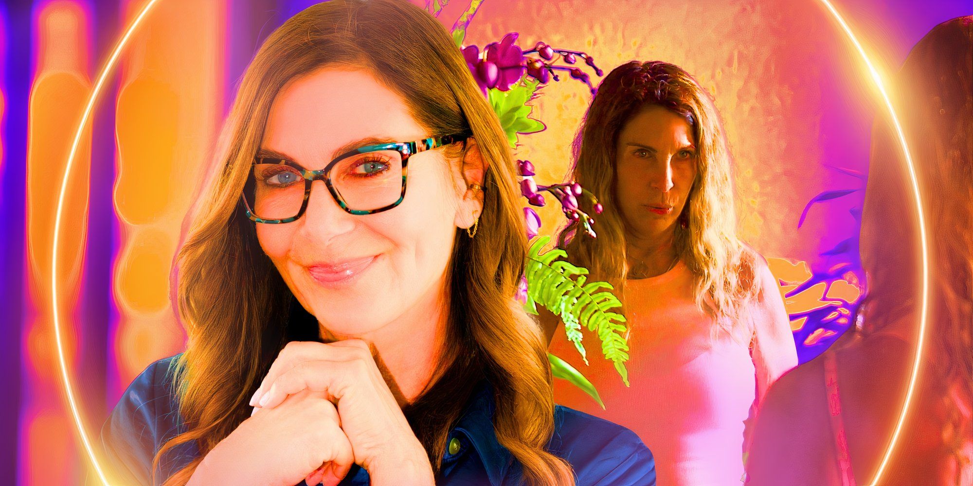 a montage of Leslie Fhima from golden bachelor with glasses smiling and looking serious
