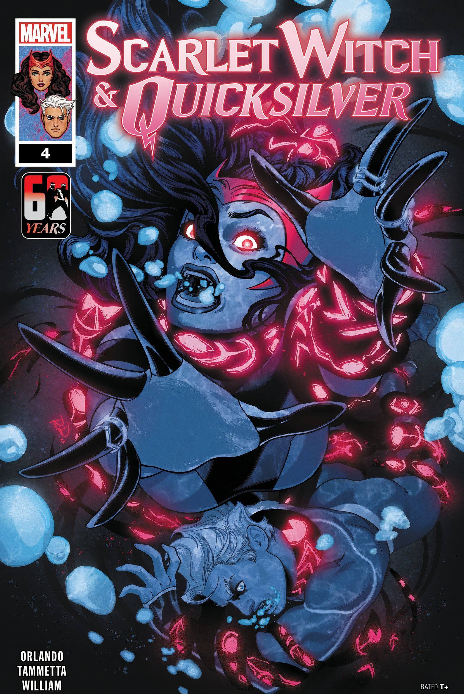 Scarlet Witch & Quicksilver #4 cover, Scarlet Witch and Quicksilver are held down by red eldritch energy. 