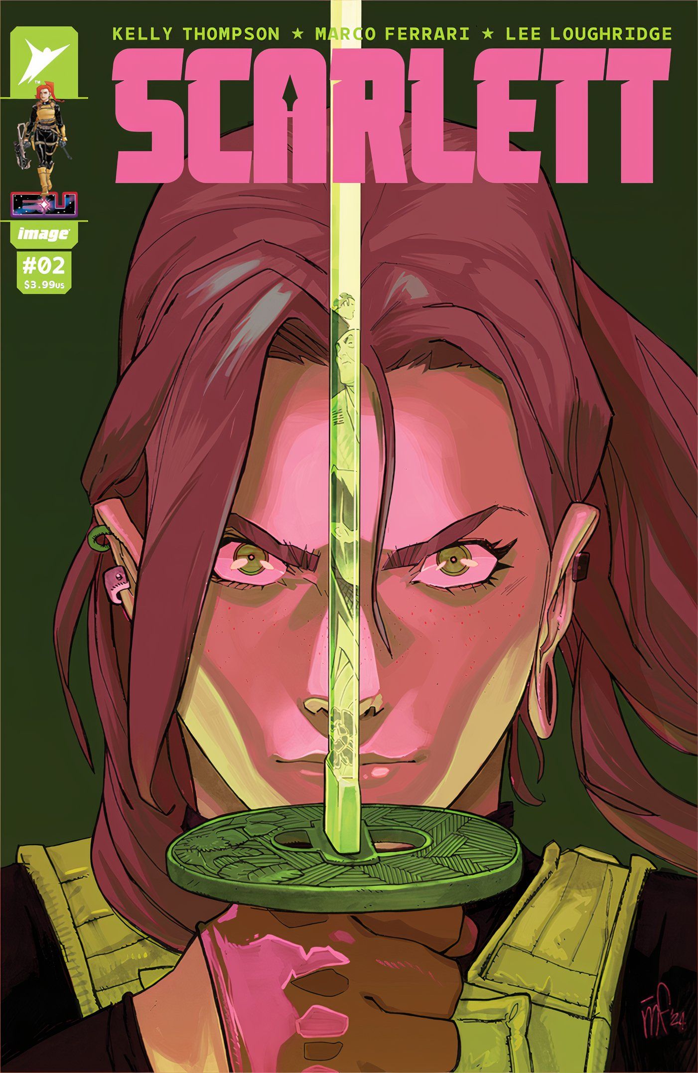 Scarlett #2 main cover, Scarlett holds a green-hued samurai sword up in front of her face.