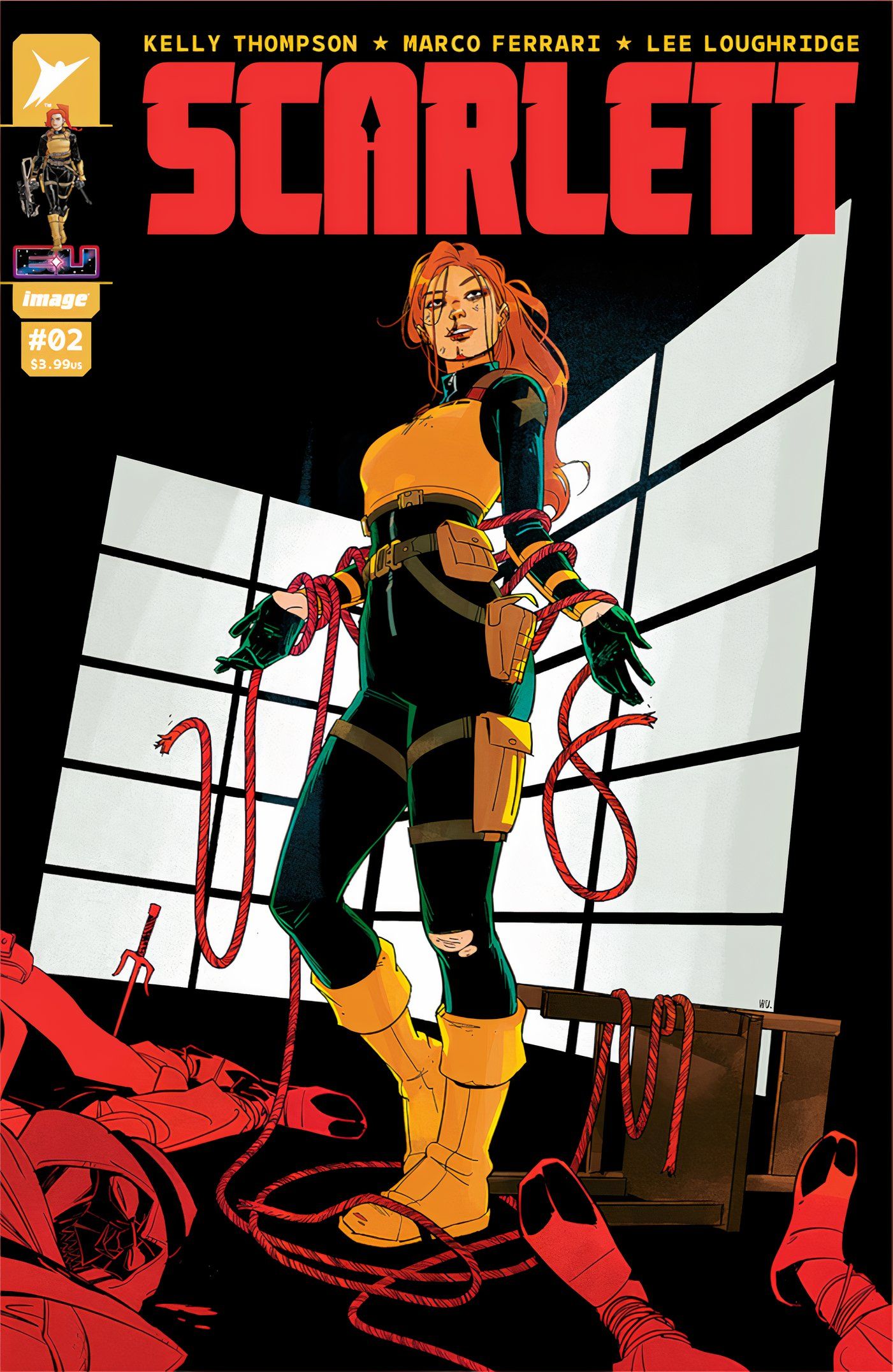 Scarlett #2 variant cover, Scarlett busting out of ropes she was tied in, surrounded by knocked out enemies.