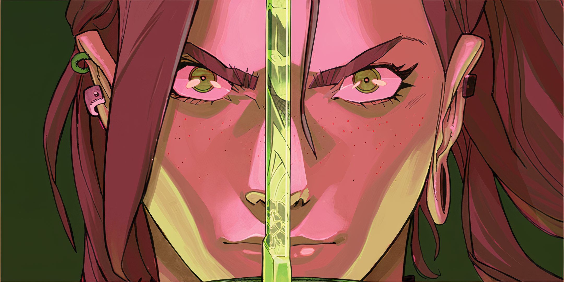 Close up of G.I. Joe&rsquo;s Scarlett with a green-tinted samurai sword in front of her face.