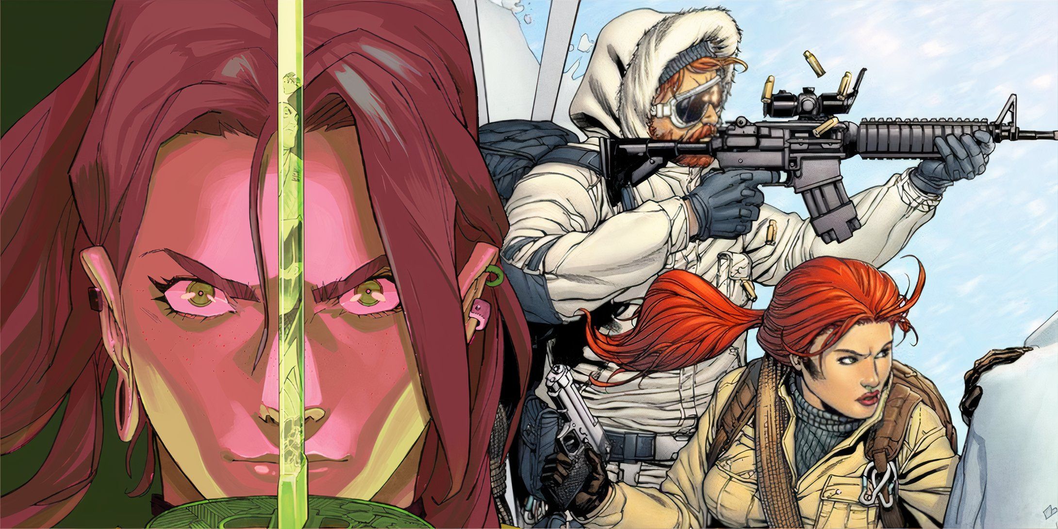 Scarlett (left) holding a sword up in front of her face; Scarlett and Snow Job together in action (right.)