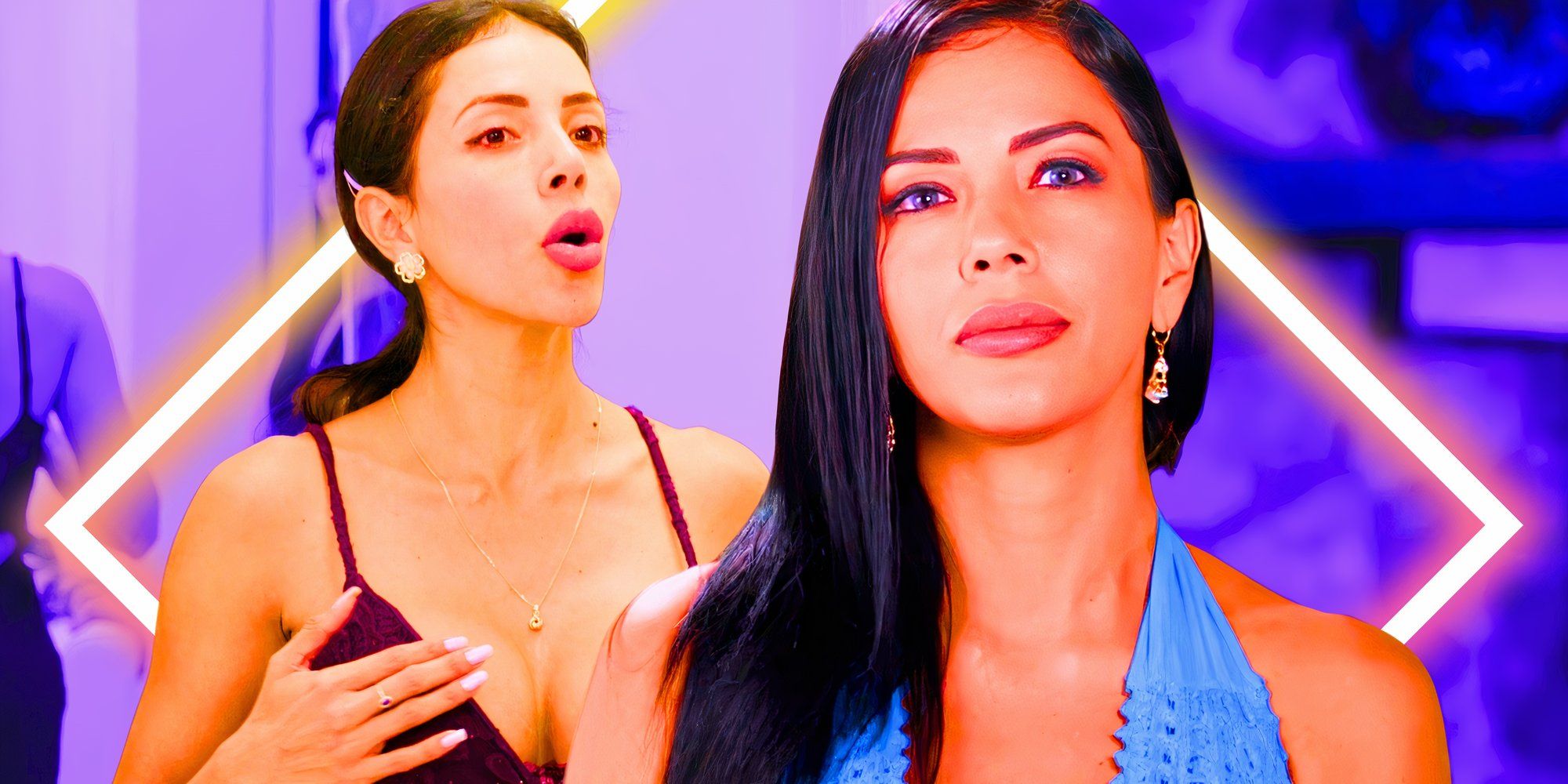 90 Day Fiance's Jasmine Pineda talks stares straight ahead in a montage image.