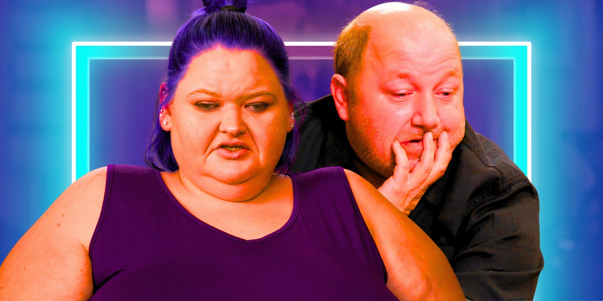 montage of Amy Slaton & Michael Halterman from 1000-lb sisters looking sad with blue background