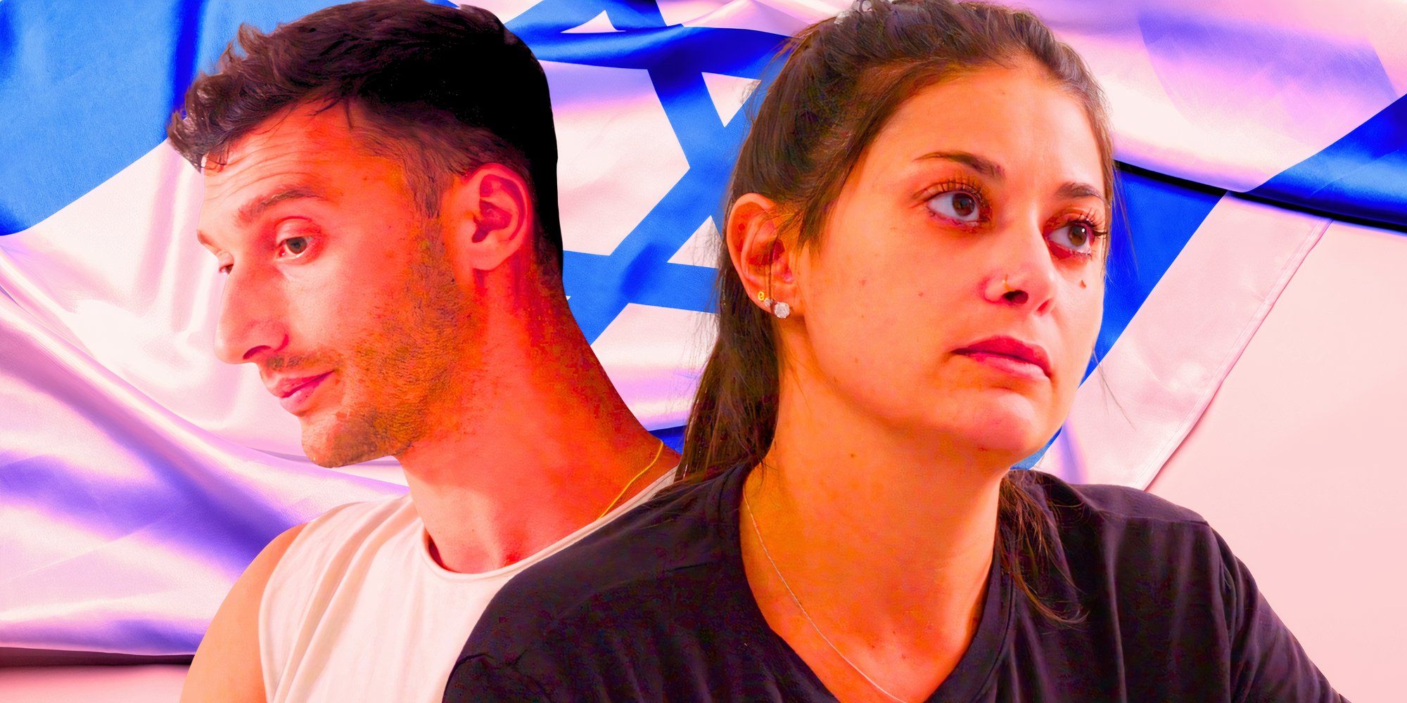  uma montagem de Loren e Alexei parecendo tristes com a bandeira de Israel atrás deles