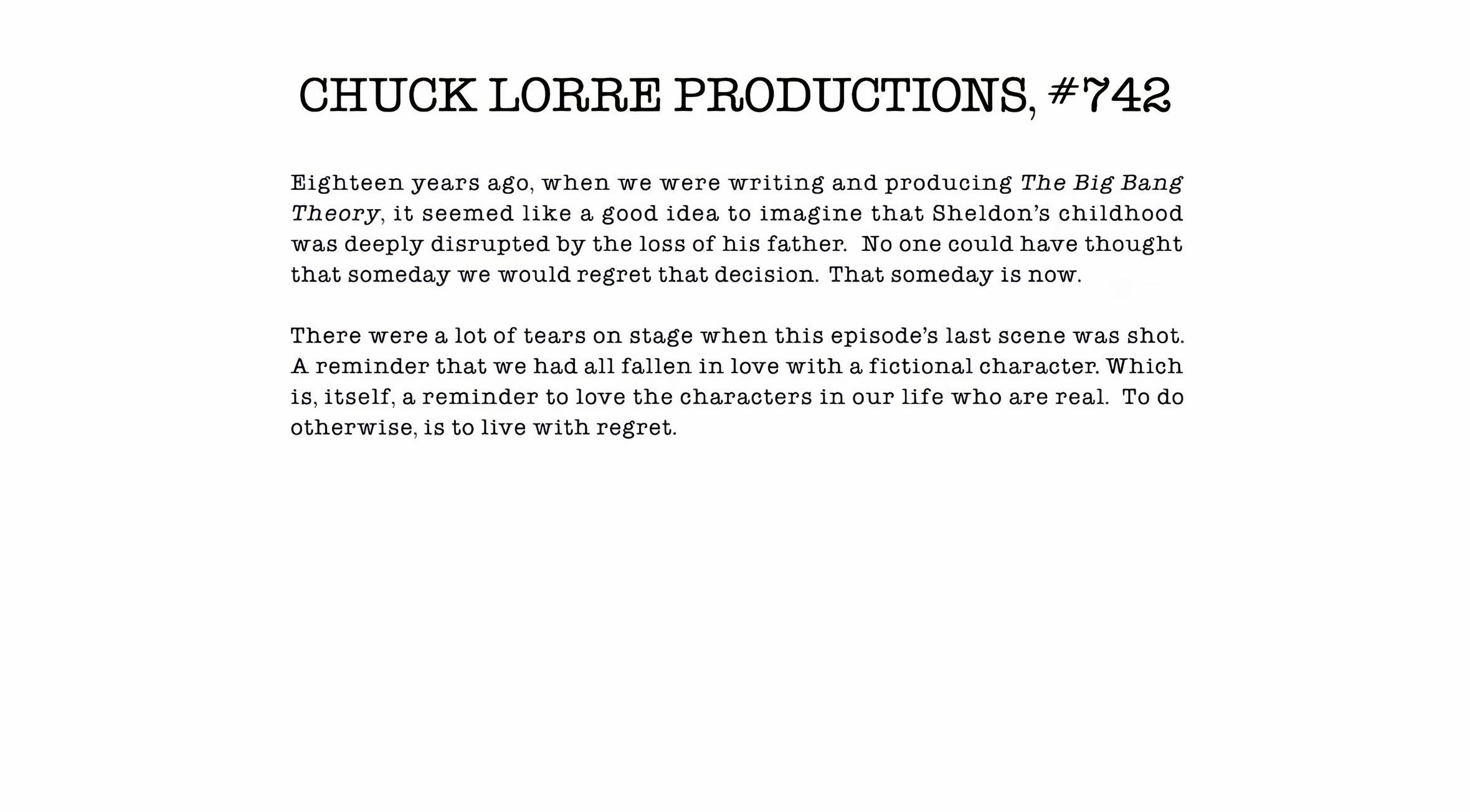 Chuck Lorre Vanity Card for Young Sheldon