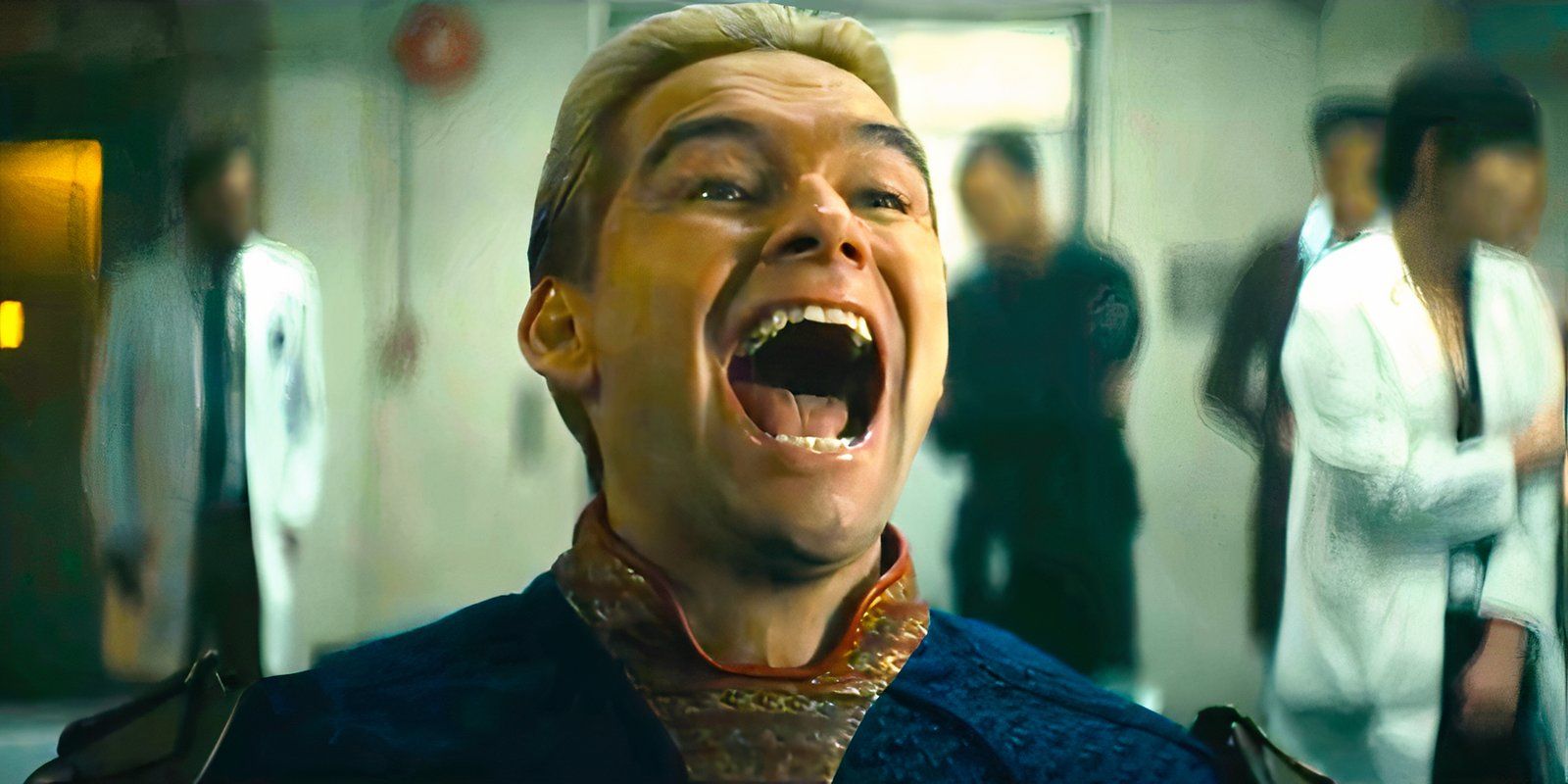 Homelander laughing with his mouth wide open in The Boys season 4 episode 4.