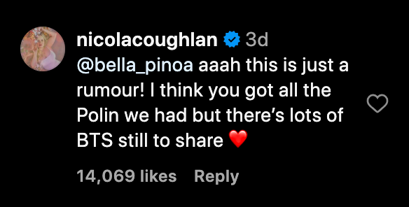 Nicola Coughlan Instagram comment for Bridgerton BTS