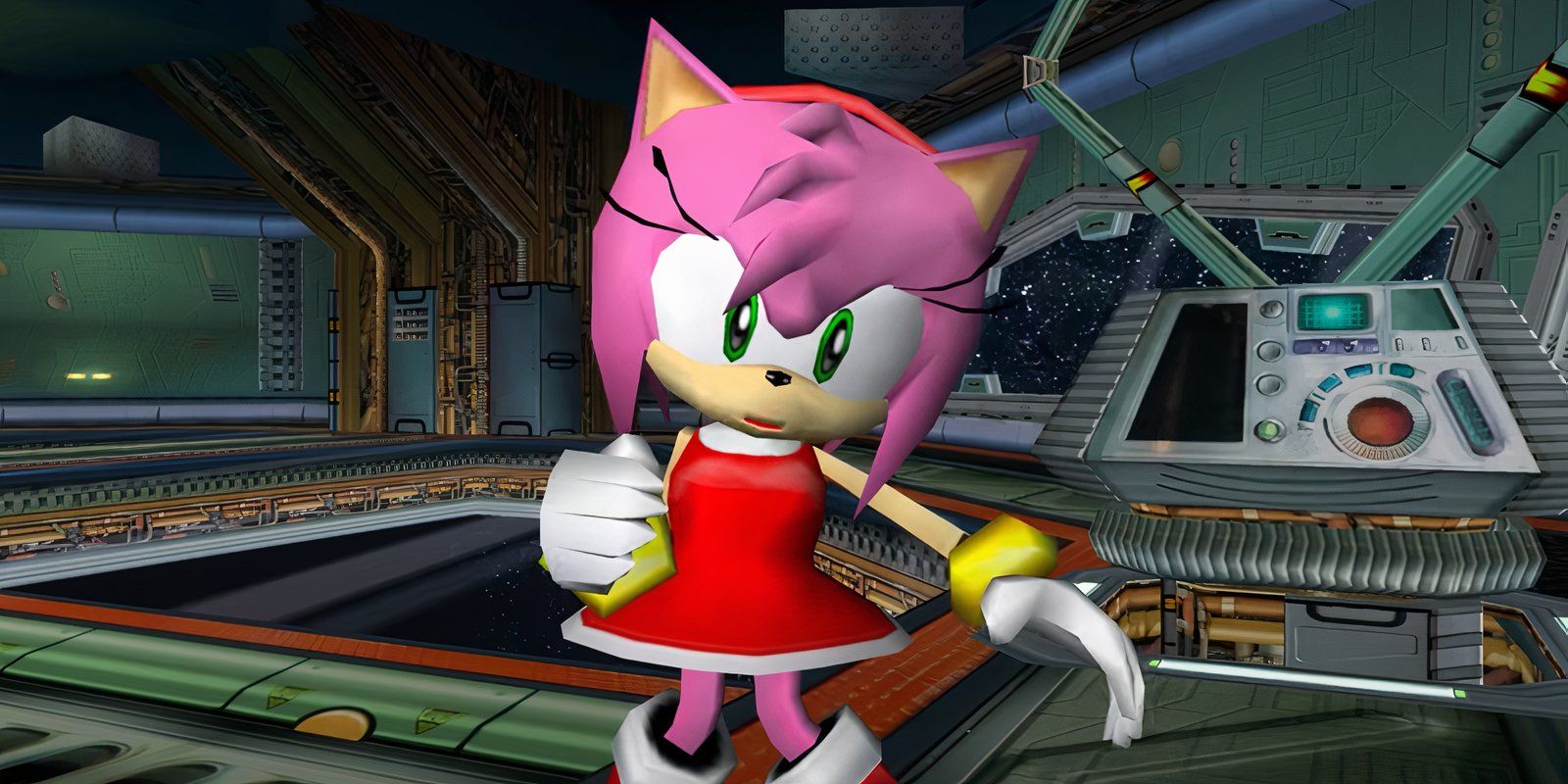 Amy Rose falando com Shadow the Hedgehog a bordo do Space Colony ARK em Sonic Adventure 2