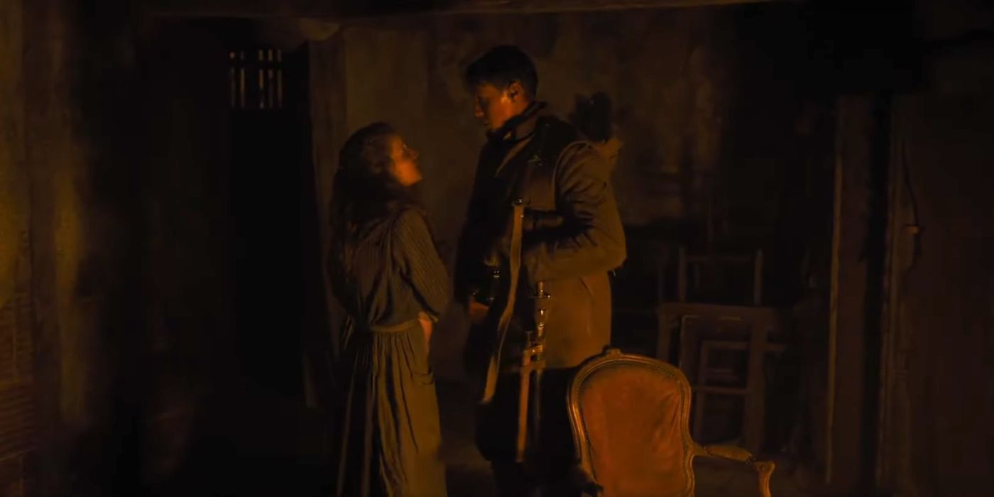 George MacKay como Schofield e Claire Duburcq como Lauri em 1917