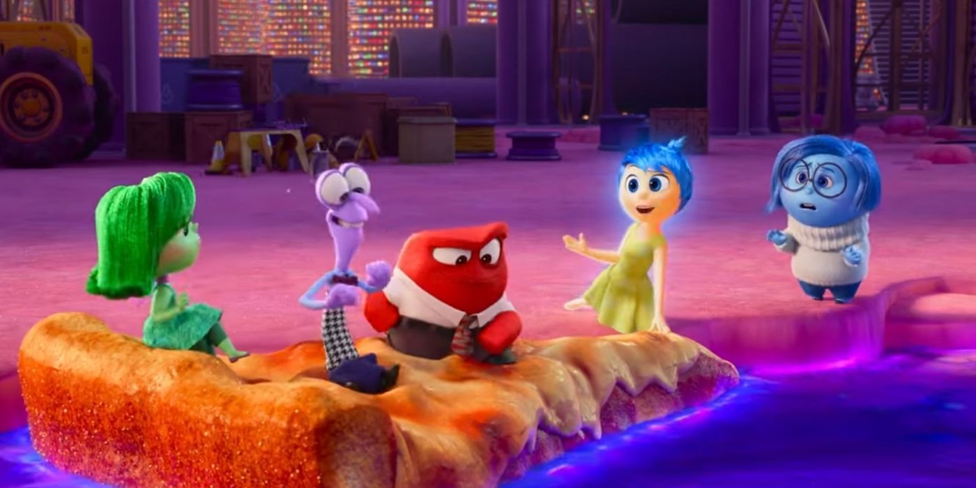The original Emotions ride a slice of pizza down the Stream of Consciousness in Inside Out 2