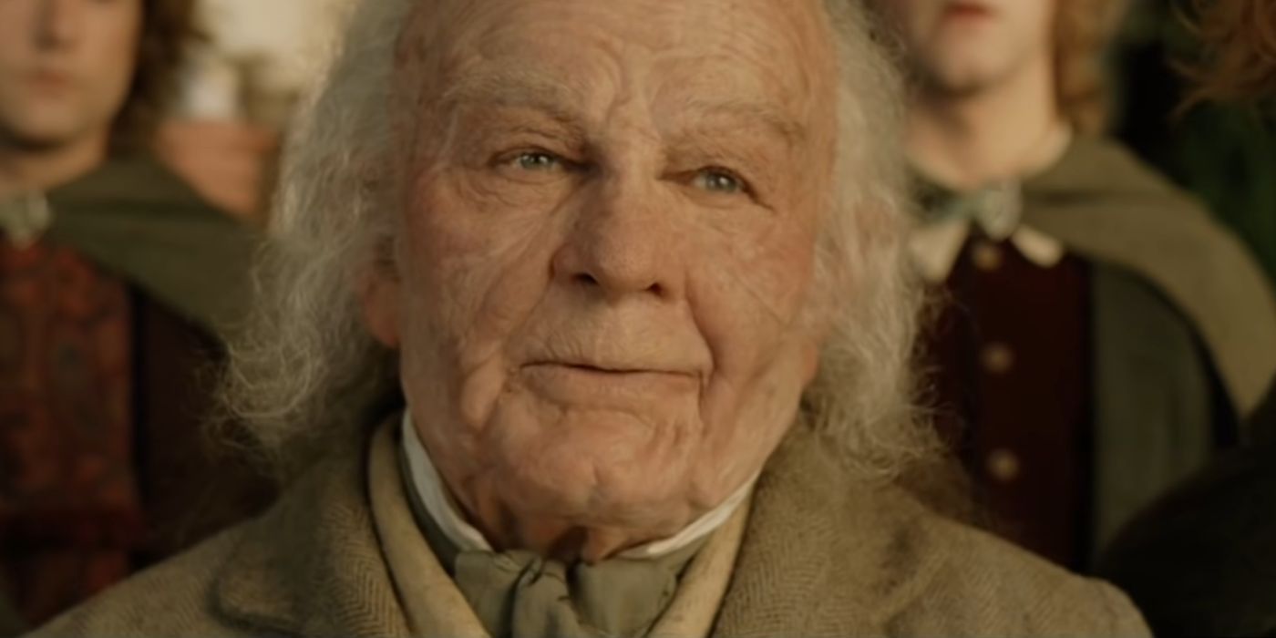 Elderly Bilbo Baggins ready to board the ships to the Gray Havens in The Lord of the Rings: The Return of the King