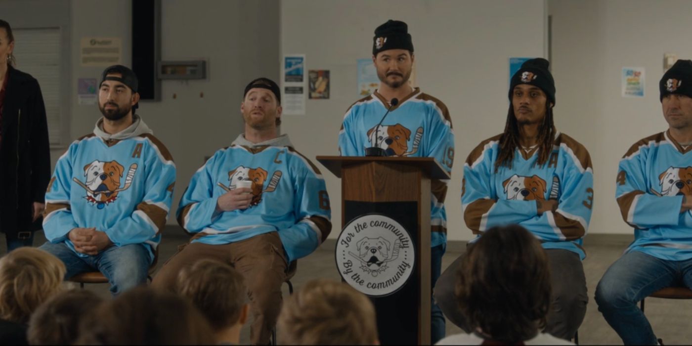 Shoresy and the other Sudbury captains host a seminar for young hockey players in Shoresy season 3
