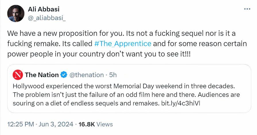 Ali Abbasi tweets his frustration for the lack of The Apprentice release on X