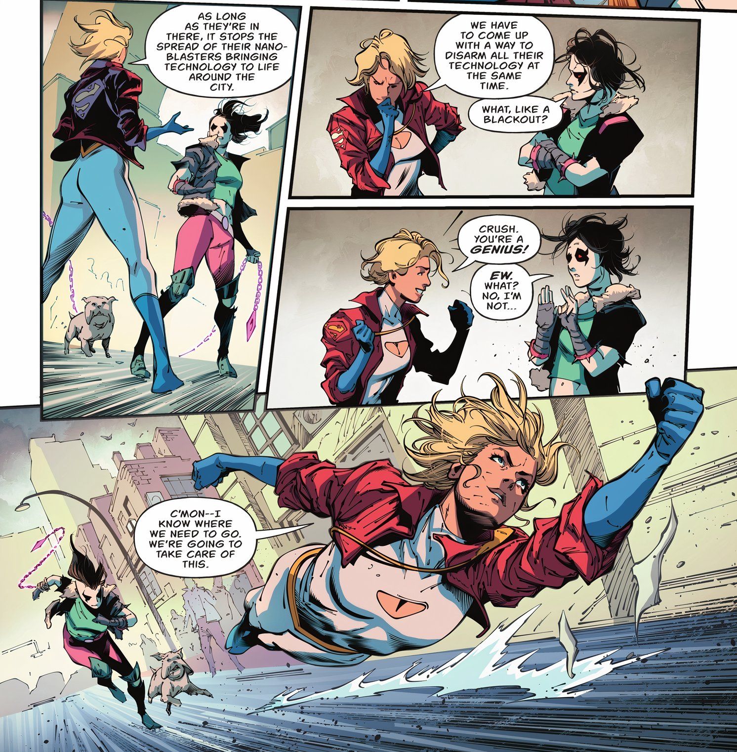 Painel de quadrinhos: Crush e Dawg seguem Power Girl por Metropolis.