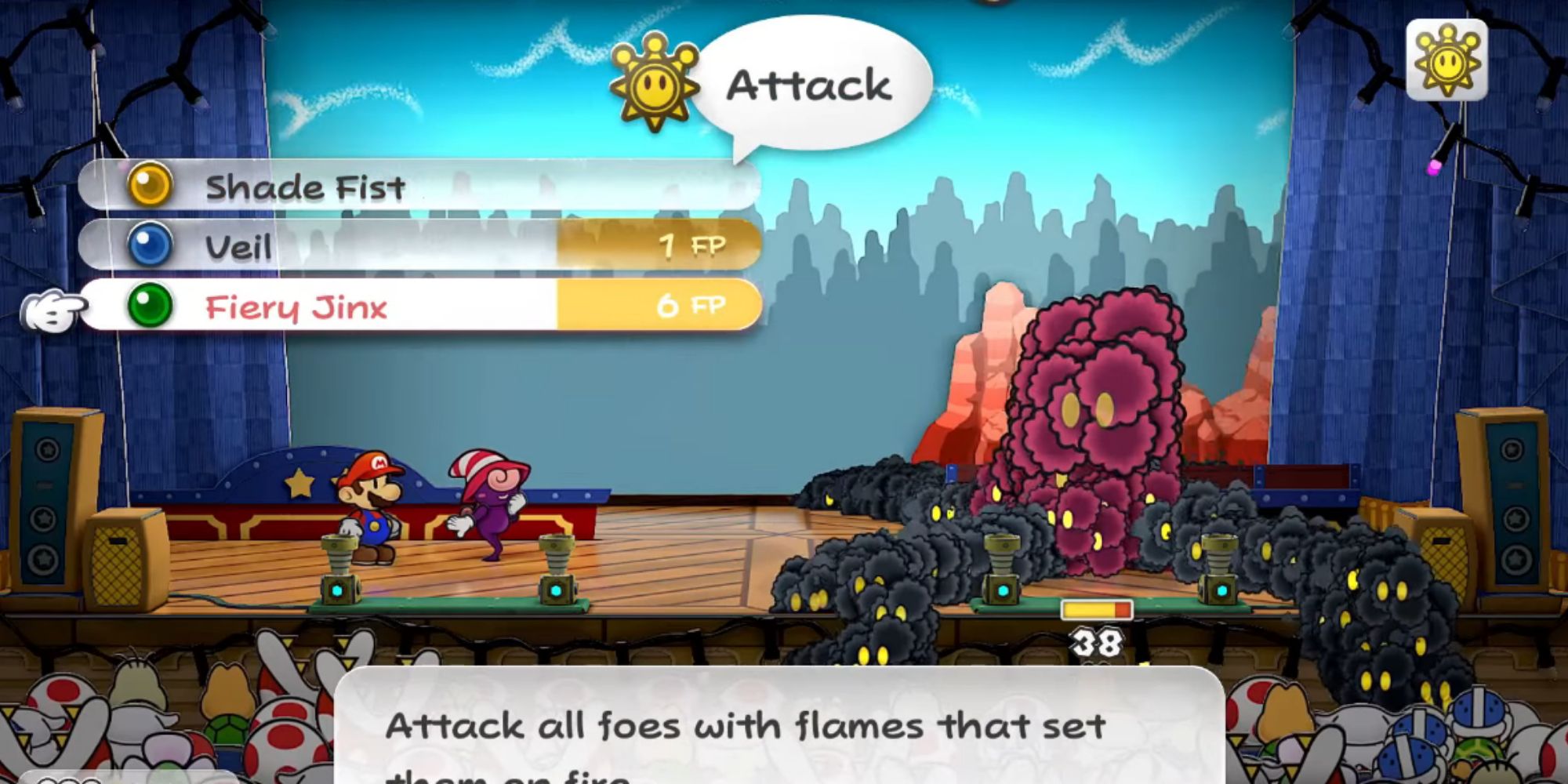 Smorg boss battle in Paper Mario with a Firey Jinx attack.