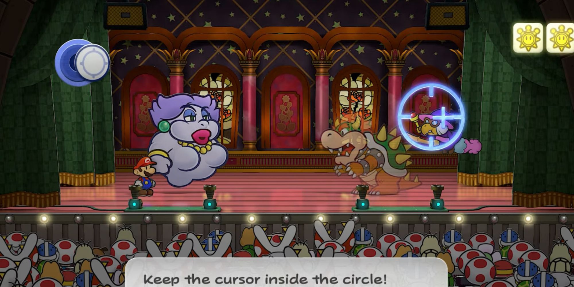 Bowser and Kammy Koopa boss battle in Paper Mario targeting.