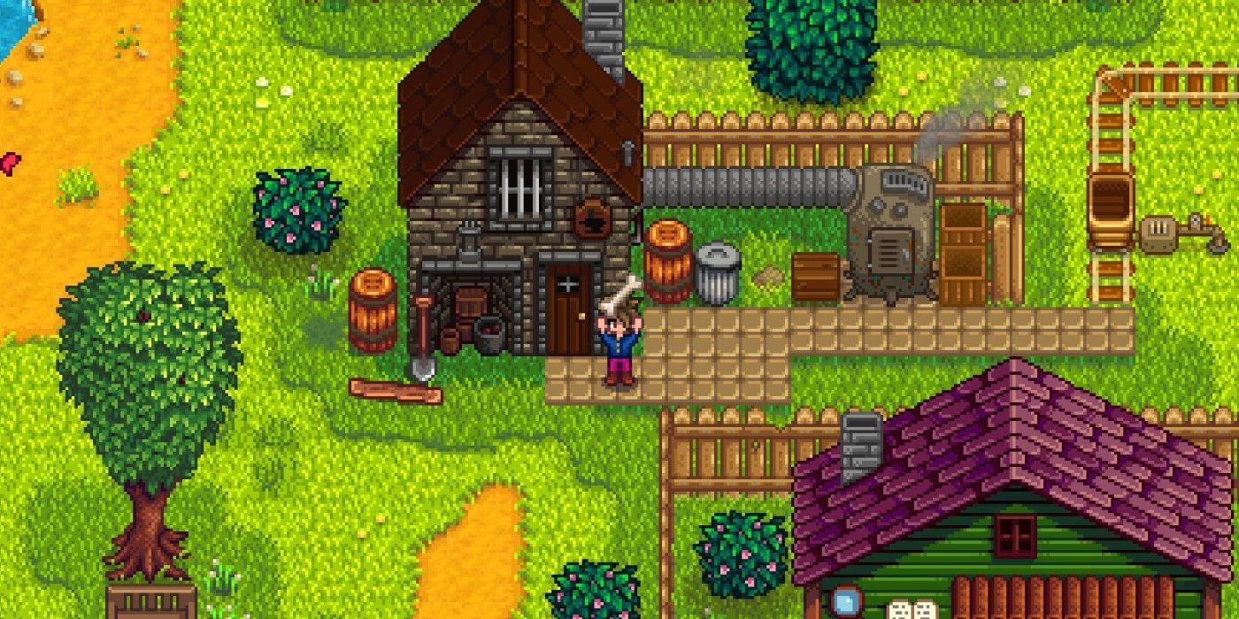 The Stardew Valley farmer holding up a bone in front of Clint's house