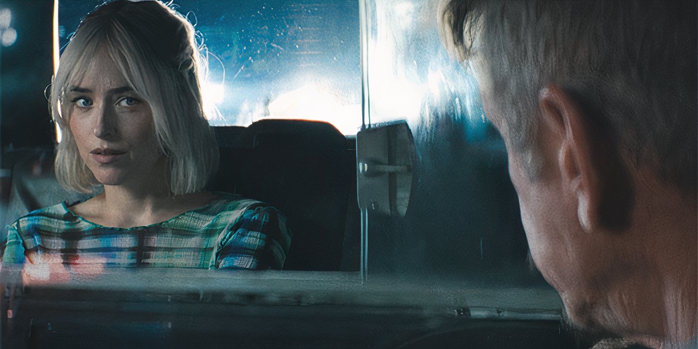 Sean Penn looking back at Dakota Johnson sitting in the backseat of his taxi in Daddio