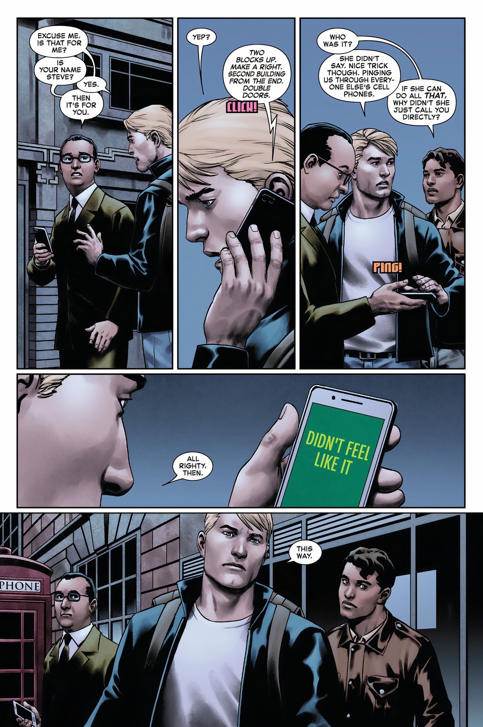 Captain America receives messages on phones from the mutant Seer. 